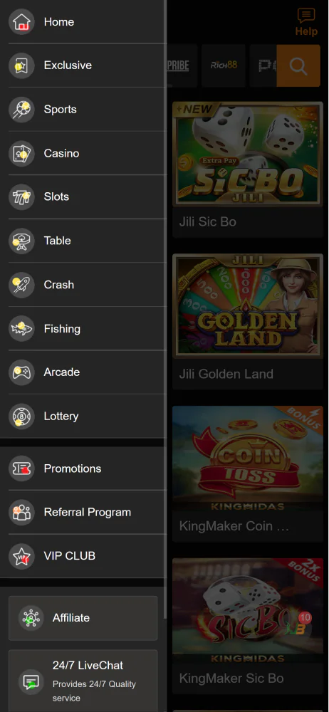 Screenshot of the menu in Jeetbuzz app