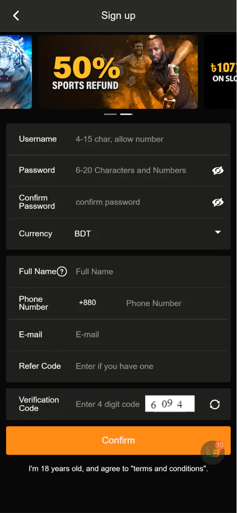 Screenshot of creating an account in the Jeetbuzz app