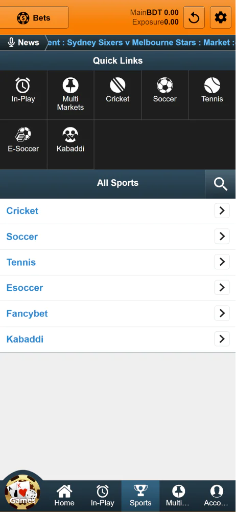 Screenshot of the sports betting section of the Jeetbuzz app